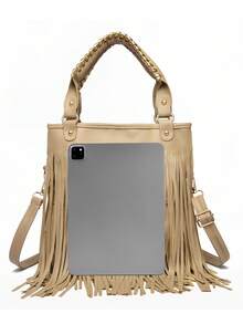 女士托特包，纯色，大容量，时尚商务休闲通勤流苏手提包单肩包，适合购物、钱包、年轻女性、大学生、初学者、上班族。非常适合办公室、大学、工作、商务、通勤、户外活动、旅行和郊游 - 彩色 - 查看 2