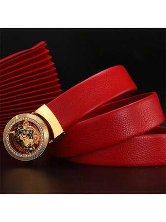 1pc Extra-Long Leather Belt For Men, With Automatic Buckle And Golden Tiger Design, Casual All-Match Youth Waistband Party Casual, Business, Boyfriend Husband Father Dad Men Gift, Daily Wear, Fashion, Teen, Outdoor, Vacation, Athletic, Travel, Street, Boho, Vintage Fall, Autumn, Halloween Autumn-Winter Accessories,Suitable For Teens, Youth,Men,Casual, Outdoor, Athletic, Vacation, Graduation Gifts, Birthday, Daily Wear