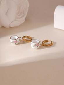 1 Pair Fashionable Chinese Style 18K Stainless Steel Ceramic Teacup & Teapot Design Earrings For Women, Suitable For Everyday Wear