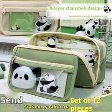 7件套熊猫铅笔盒套装 - 熊猫 - 学习用品 - 包括熊猫毛绒玩具、贴纸和铅笔盒 - 返校必备，铅笔袋，背包，文具包