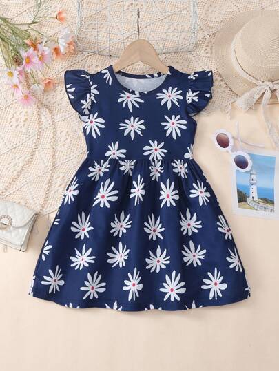Robe décontractée à col rond et manches courtes avec imprimé floral pour jeune fille