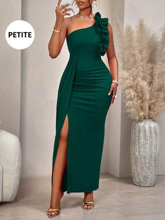 Vestido elegante con diseño drapeado, escote asimétrico con volantes, sin mangas, para mujer de talla pequeña, para fiesta, cita, fiesta de solteros, cena formal o evento de gala, Día de San Valentín