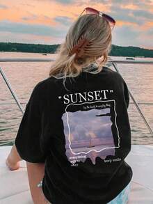 Plus Size Ladies' Round Neck Letter Printed Summer Casual Short Sleeved T-Shirt.Vacation Women Graphic Tees Black Top - Black - View 1