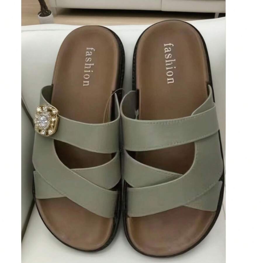 Birkenstocks de suela gruesa para mujer, nuevos zapatos de verano informales, versátiles, con punta abierta y doble hebilla, para playa, para descansar, zapatillas para exteriores - Verde - Ver 1