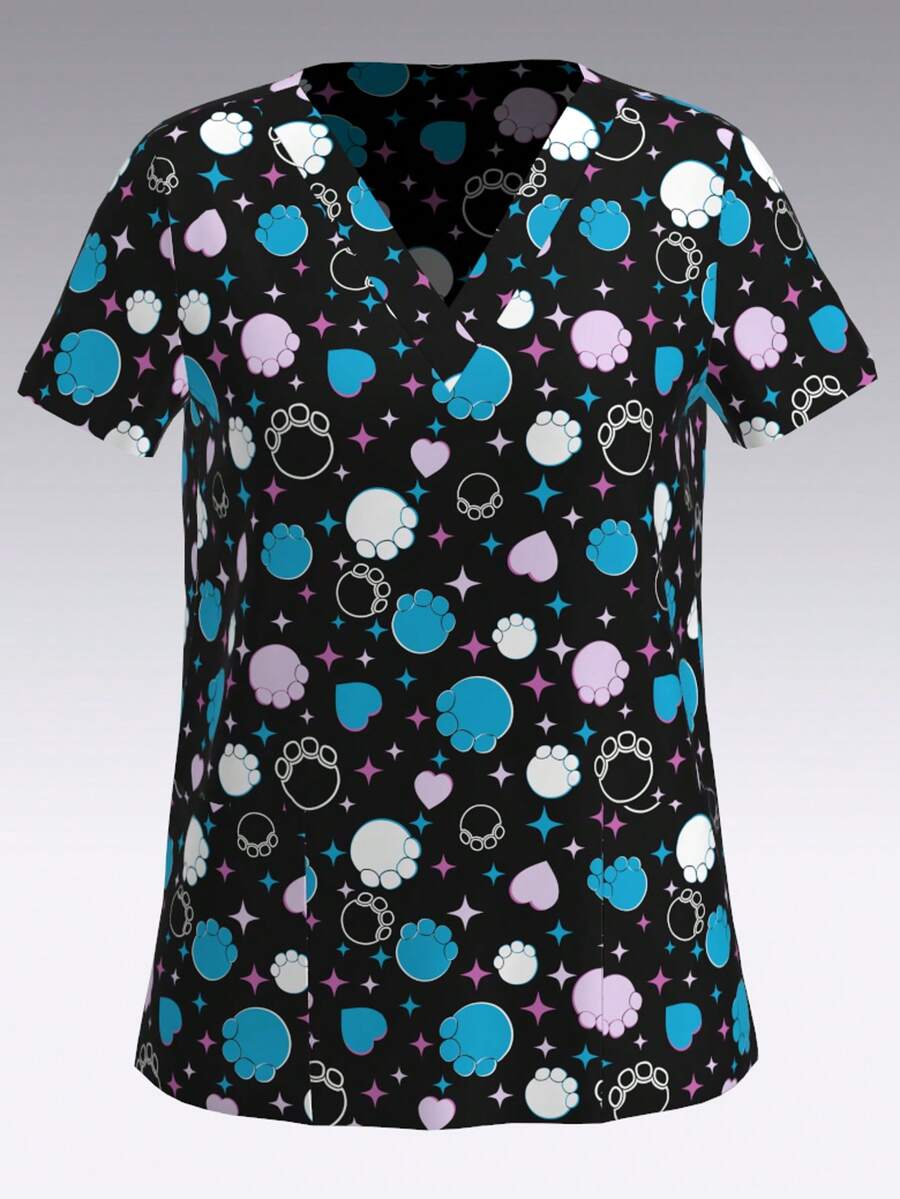 Women's V-Neck Top Cat's Paw Printed Nurse Uniform, Scrub Top With Pockets - Multicolor - View 1