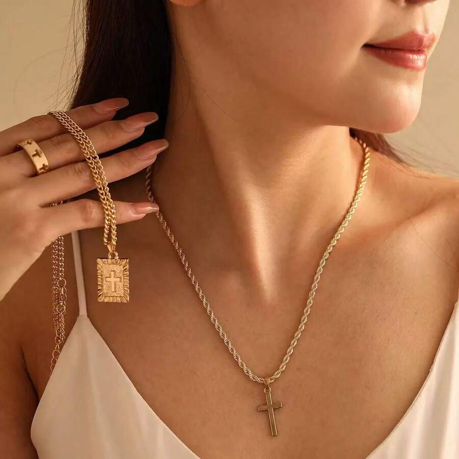 时尚夸张风格嘻哈首饰套装，2 件不锈钢十字架吊坠项链，配 1 件十字架金戒指套装 - 3pcs - 查看 1