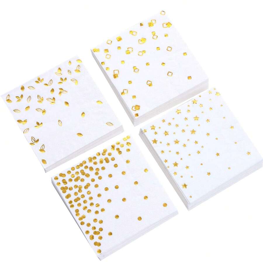 100 PK Gold Napkins - 4 Assorted Designs - 3-Ply Cocktail Napkins Folded 5 X 5 Inches Bar Napkins Disposable Party Napkins Paper Napkins Dinner For Wedding Birthday Graduation 2025 - 金色 - 查看 1