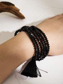 1 件黑色串珠简约可调节手链，女士个人风格珠宝，日常佩戴 - 黑色 - 查看 10