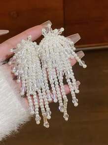 1 Par de Brincos da Moda com Pérolas em Cascata, Brincos Pendentes com Borla de Pérola Redonda de Cristal
