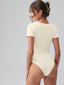 OQQ Women Bodysuits Ruched Short Sleeve Square Neck Stretch Lounge Travel Bodysuits - 黃色 - 查看 3