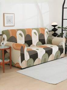 1pc Geometric Pattern Stretch Sofa Cover, Suitable For All Seasons, Protects Sofa And Decorates Home - Burnt Orange - View 6