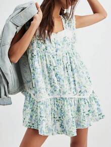 Women Puff Sleeve Short Babydoll Dress Square Neck Flowy Mini Dress Floral Ruffle A Line Summer Sundress - 綠色 - 查看 1