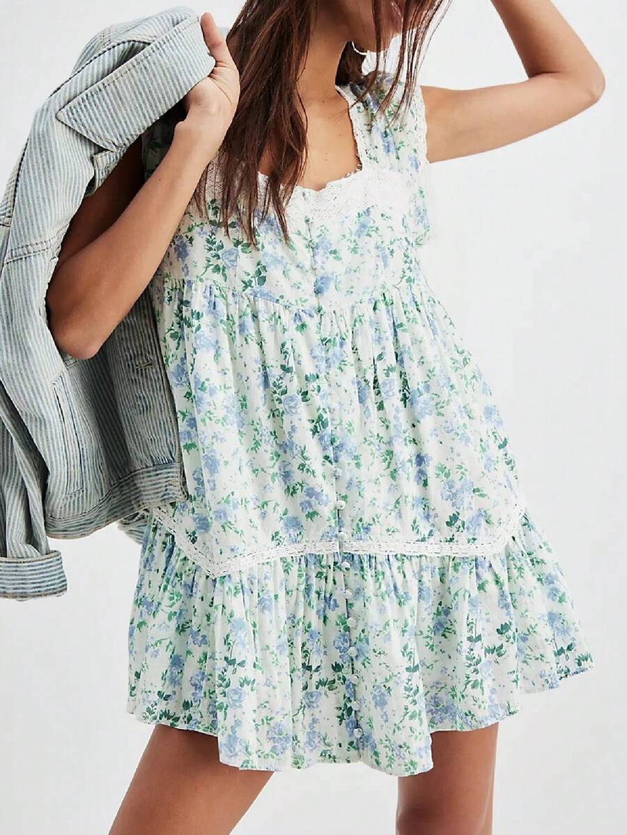 Women Puff Sleeve Short Babydoll Dress Square Neck Flowy Mini Dress Floral Ruffle A Line Summer Sundress - 綠色 - 查看 1
