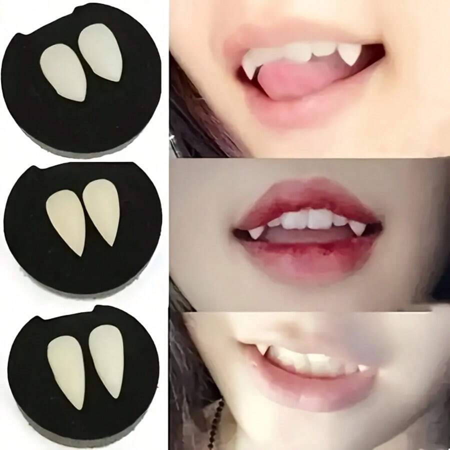 2 Pieces Of Vampire Teeth With Adhesive Particles - Perfect For Role-Playing And Halloween Costume Party Vampire Accessories - Multicolor - View 1