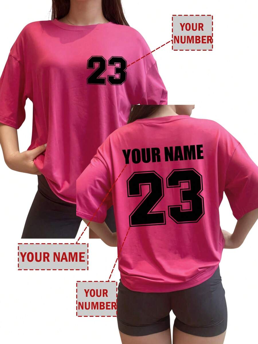 Customized Personalized Front And Back Printed Women's T-Shirt, Add Your Name And Number, Design Your Exclusive T-Shirt For Sports Competition Fan Gear - Hot Pink - View 1