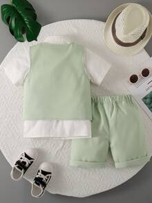 Bộ vest 3 món màu xanh hải quân/xanh lá cây/xám mới cho trẻ em: Áo sơ mi ngắn tay + Áo vest thắt nơ + Quần short, trang phục phù rể mùa hè cho bé trai, quà tặng phong cách quý ông cho bé trai. - Màu xanh Bạc hà - Xem 9