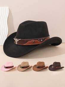 1Pc Western Cowboy Hat Felt Roll Up Cowgirl Hats Shapeable Outdoor Wide Brim Buckle Belt Hat For Men Women