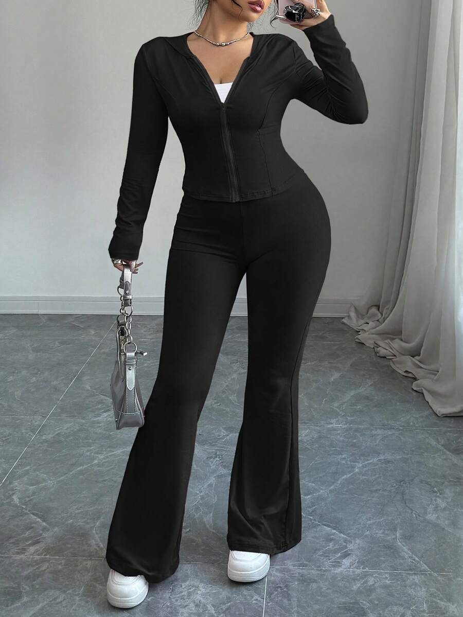 abyoxi 大码黑色连帽拉链长袖运动风上衣喇叭裤两件套，2件套，时尚简约休闲户外街头运动日常辣妹春夏女装年轻辣妹