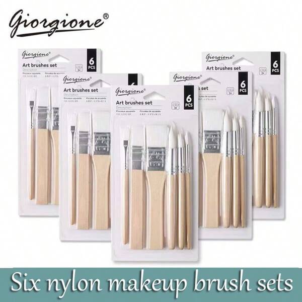 6 pennelli in legno naturale con manico, setole in nylon per acquerelli, pittura ad olio e calligrafia cinese, maniglie robuste, setole morbide e assorbenti, adatti per principianti e artisti professionisti, articoli scolastici