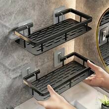 1/2pcs Anti-Rust Shower Corner Rack With Hooks, Wall Mounted Adhesive Shower Storage Shelf, Bathroom Storage Rack, Floating Wall Mounted Rack Back To School