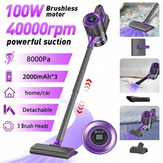 100W draadloze stofzuiger - Krachtige zuigkracht, lichtgewicht handstofzuiger voor het reinigen van harde vloeren, tapijten, dierenhaar en krappe ruimtes. Met led-display en afneembare kierenzuigmond.