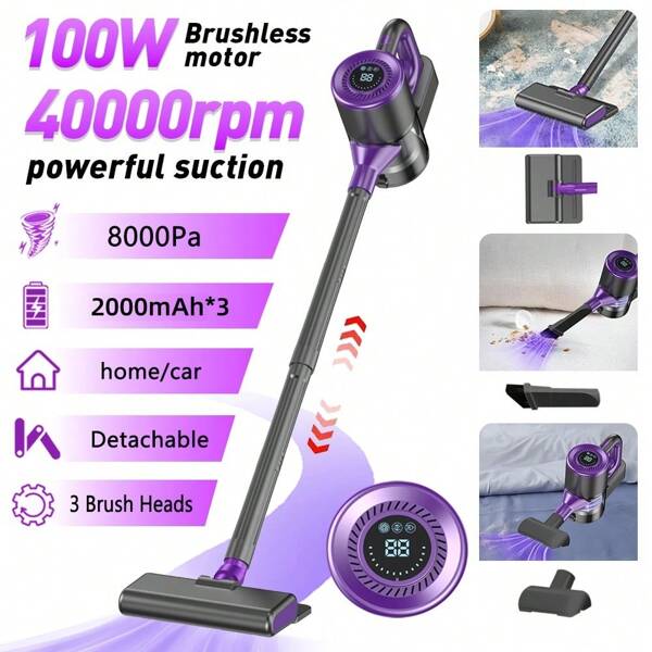100W Cordless Vacuum Cleaner - Powerful Suction, Lightweight Handheld Vacuum For Cleaning Home Hard Floors, Carpets, Pet Hair, And Tight Spaces. Features LED Display And Detachable Crevice Tool