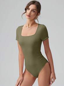 OQQ Women Bodysuits Ruched Short Sleeve Square Neck Stretch Lounge Travel Bodysuits - Sauerkraut - 查看 4