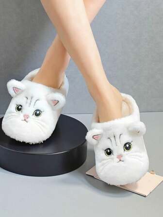 Pantoufles confortables pour la maison avec doublure en peluche, motif mignon de chat de bande dessinée, faciles à enfiler/retirer, pantoufles douces et moelleuses pour femmes