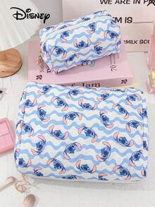 Disney 1件装旅行洗漱包化妆包拉链袋缝线化妆包家用收纳袋印花缝线图案绗缝化妆品整理袋化妆品收纳袋大容量多功能收纳袋 - 藍色 - 查看 6