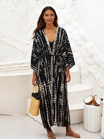 Bohemian Black/WhiteTie-Dye Print Open Front Long Kimono Plus Size Summer Belted Elegant Women's Arabian Burqa Vacation Holiday Dress Outfits