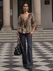 Women's Button Down Blouse Loose Fit Solid/Floral Print Ruffled V Neck Elbow Sleeve Tops - Cà phê nâu - Xem 6