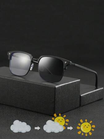 1 副男士猫眼眉半无框变色眼镜，高品质简约时尚装饰眼镜，男士时尚休闲装，黑色系列，搭配精致商务通勤装