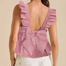 Women's Summer Floral Print Tank Tops Ruffle Cap Sleeve Bow Tie Backless Crop Top Square Neck Ruffle Hem Blouse Tops - 紅色 - 查看 3