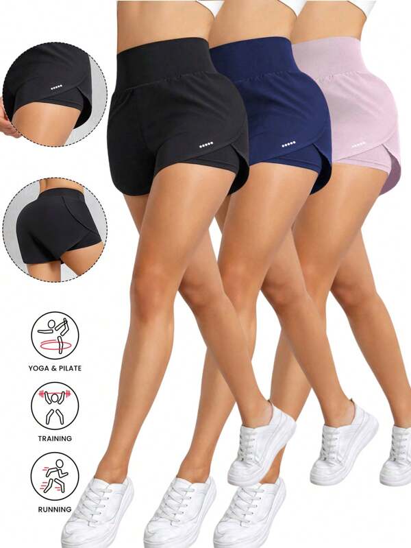 3pcs/Set Women's Athletic Yoga Shorts, High-Waisted Comfort Fit, Loose Running Workout Shorts, Breathable Quick-Dry Fabric, Sporty Style Summer Outfits