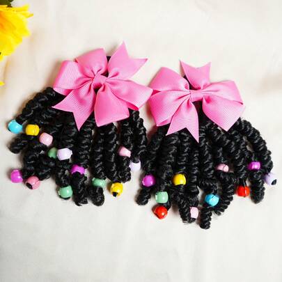 Set Of 2 Mini Ponytails, Kids Ponytail Extensions, Braids With Beads, Sweet Hair Extension With Elastic Tie, Twist Ponytails With Hair Bows, Clip And Go Design Cute Pigtail, Beautiful Wig For Girls Casual Leisure Party Back To School Hair Accessories, Birthday Gift For Children