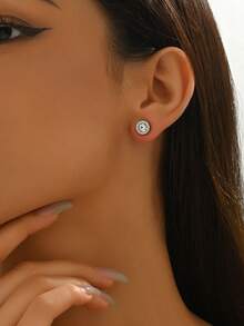 羅馬數字細節水鑽裝飾耳釘 - 銀色 - 查看 5