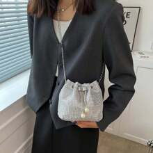 Crossbody Bag With Chain For Women, Shiny Rhinestone Satchel Bag, Solid Color, Drawstring, Shiny, For Dinner And Party
