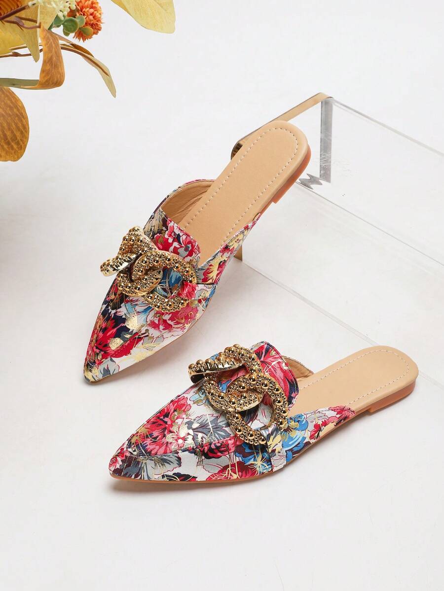 Babuchas planas elegantes para mujer con puntera puntiaguda, estampado tropical colorido y hebilla de metal (Patrones de calzado variados) - Multicolor - Ver 1