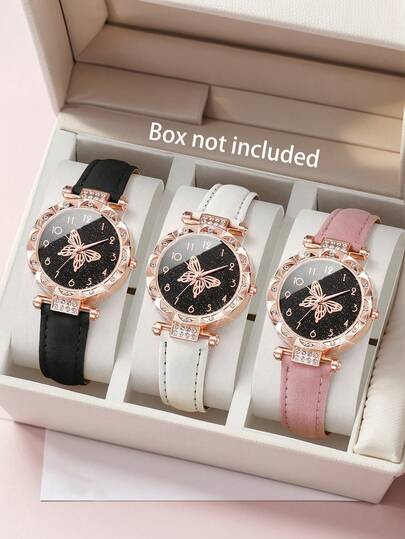 Bộ 3 đồng hồ nữ thanh lịch, lãng mạn, mặt số hình bướm, kiểu dáng đơn giản, đồng hồ thạch anh dây da PU thời trang đính đá lấp lánh hình bầu trời sao, thích hợp làm quà tặng cho bạn gái, sinh viên trở lại trường, hoặc dịp Valentine.