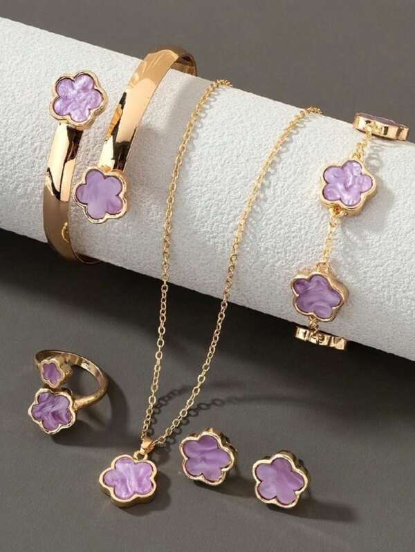 6pcs/Set Lucky Flower Jewelry Set, 1pc Necklace, 1pc Bracelet, 1pc Bangle, 1pc Ring, 1 Pair Earrings, Suitable For Daily, Party, Holiday