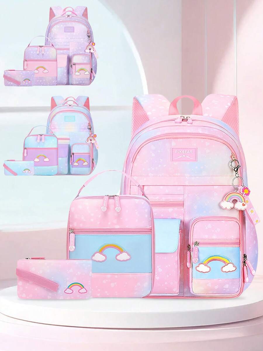3pcs/Set Rainbow Heart Print Polyester School Backpack With Cute Pendant, Including Lunch Box & Pencil Case, Large Capacity Multi-Compartment Design, Adjustable Shoulder Straps, Waterproof Durable Fabric, Zipper Closure, Suitable For School & Outdoor, Back To School Gift - A - View 1