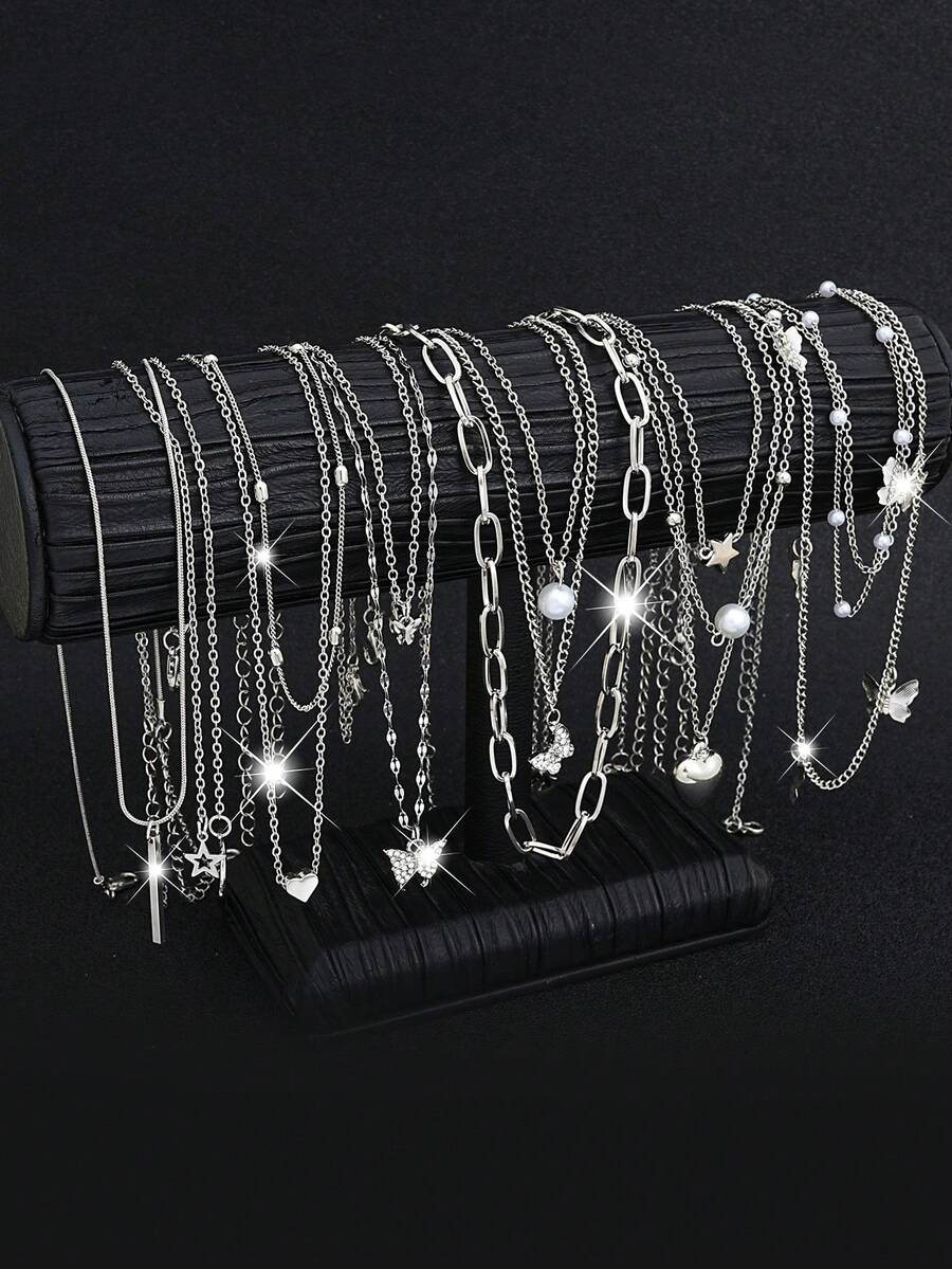 14 件套心形、蝴蝶形、星形、几何形、条形水钻仿珍珠流苏吊坠项链，简约金属风格，多层项链，时尚、优雅、复古设计，适合节日、派对、礼物、日常佩戴 - 銀色 - 查看 1