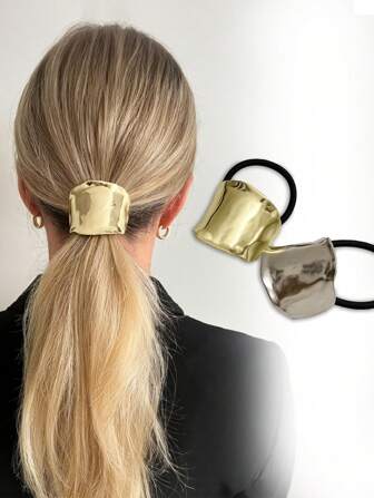 1pc Gold Metal Geo Decor Hair Tie Funny & Dark Style Women's Luxury Style Ponytail Holder Ponytail Hair Tie, Metal Hair Cuff, Modern Ponytail Cover, Gold Minimalist Hair Pin, Hair Accessories, Wedding Hair Tie, Gift For Her Halloween, Ponytail Holders, Hair Elastics, Hair Rubber Bands