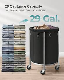 SONGMICS Laundry Basket With Wheels, Rolling Laundry Hamper, 29 Gal., Round Laundry Cart With Steel Frame And Removable Bag, 4 Casters And 2 Brakes - 黑色 - 查看 4