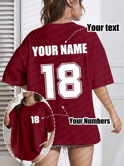 Camiseta personalizada de talla grande para mujer, se puede imprimir tu número, nombre/texto/número de la suerte en el frente y la espalda, camiseta de manga corta holgada, camiseta con eslogan impreso personalizado