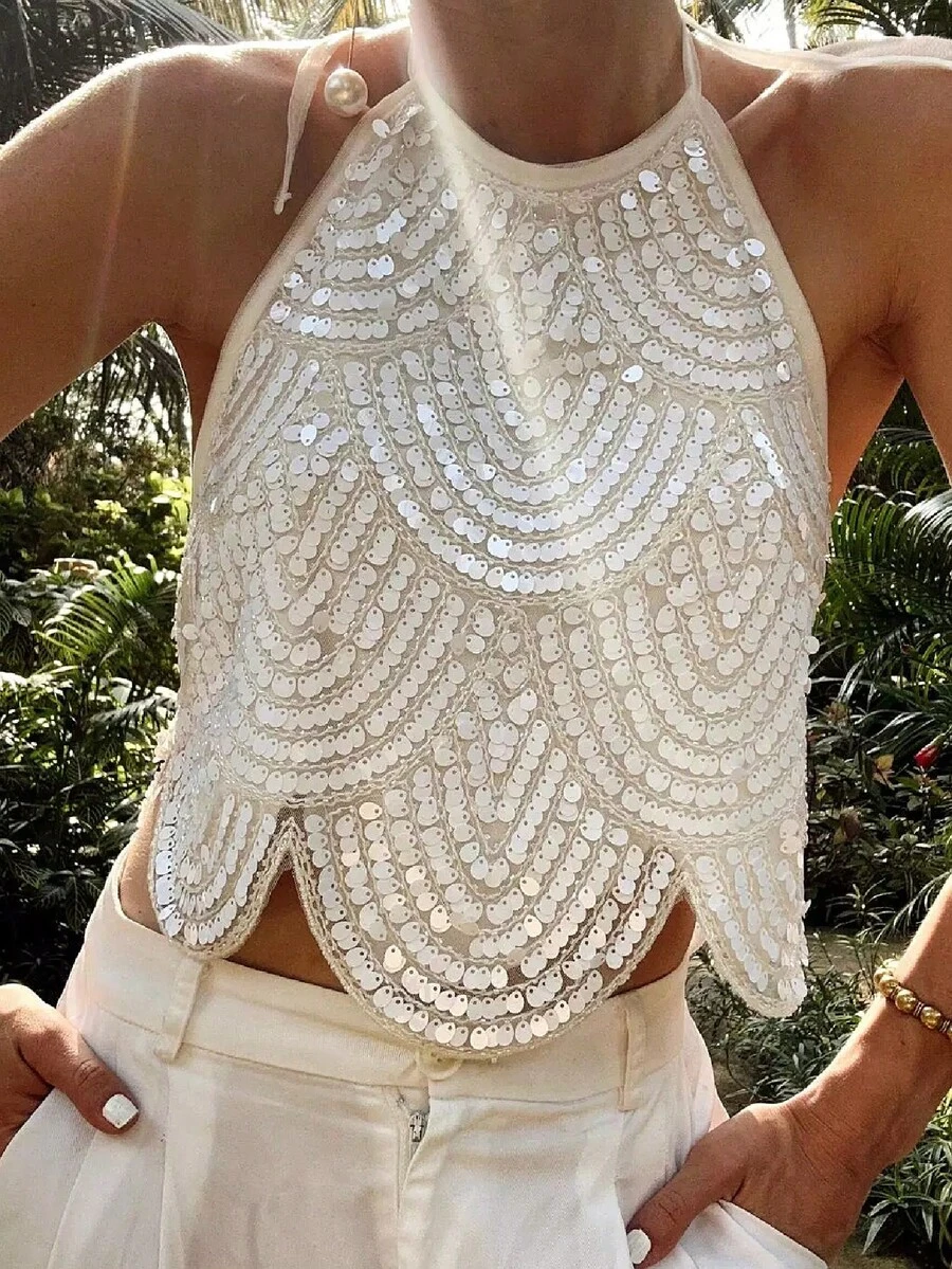 Sequin Top Y2k Women Sleeveless Backless Halter Sparkly Beaded Low Cut Crop Tank Open Back Going Out Camisole - trắng - Xem 1