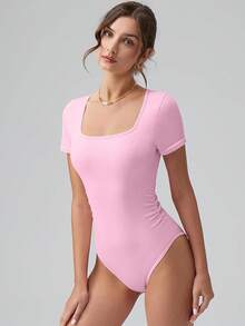 OQQ Women Bodysuits Ruched Short Sleeve Square Neck Stretch Lounge Travel Bodysuits - Pink Cherry Blossom - View 4
