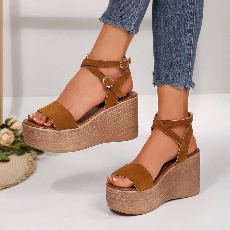 Summer 2025 Retro Platform Wedge Heel Sandals Women New Thick Bottom High Heel Criss-Cross Woven Roman Shoes - Brown - View 1