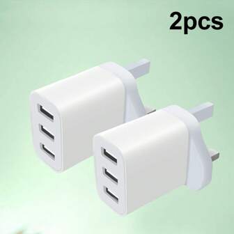 USB Plug Adaptor UK 3 Pin, 12W Triple Port USB Mains Charger With Smart IC 5V/2.4A Technology Compatible With Iphone 16 15 14 13 12 11, IPad