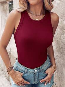 ChicMe 女士罗纹圆领针织无袖吊带背心，基础款修身休闲上衣 - 酒紅 - 查看 5